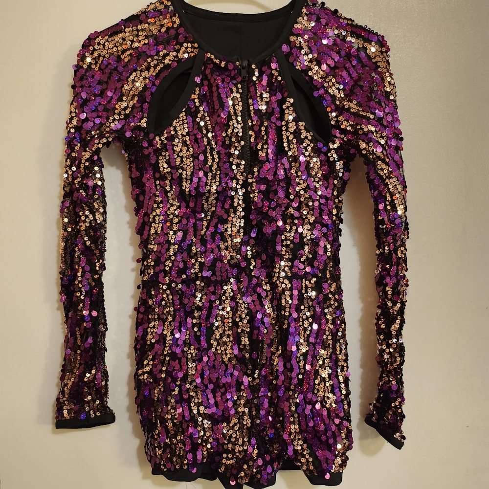 ​Weisman Sparkling Purple Sequin Romper Bodysuit Zip Front Cutout Festival NYE